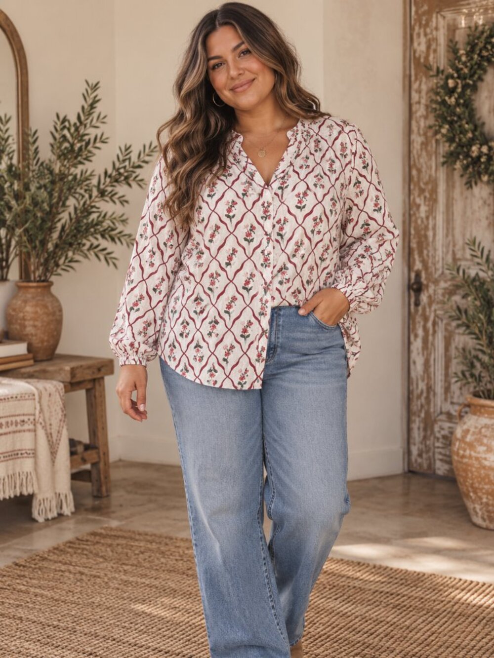 Lucky Brand Cotton Floral Boho Peasant Blouse